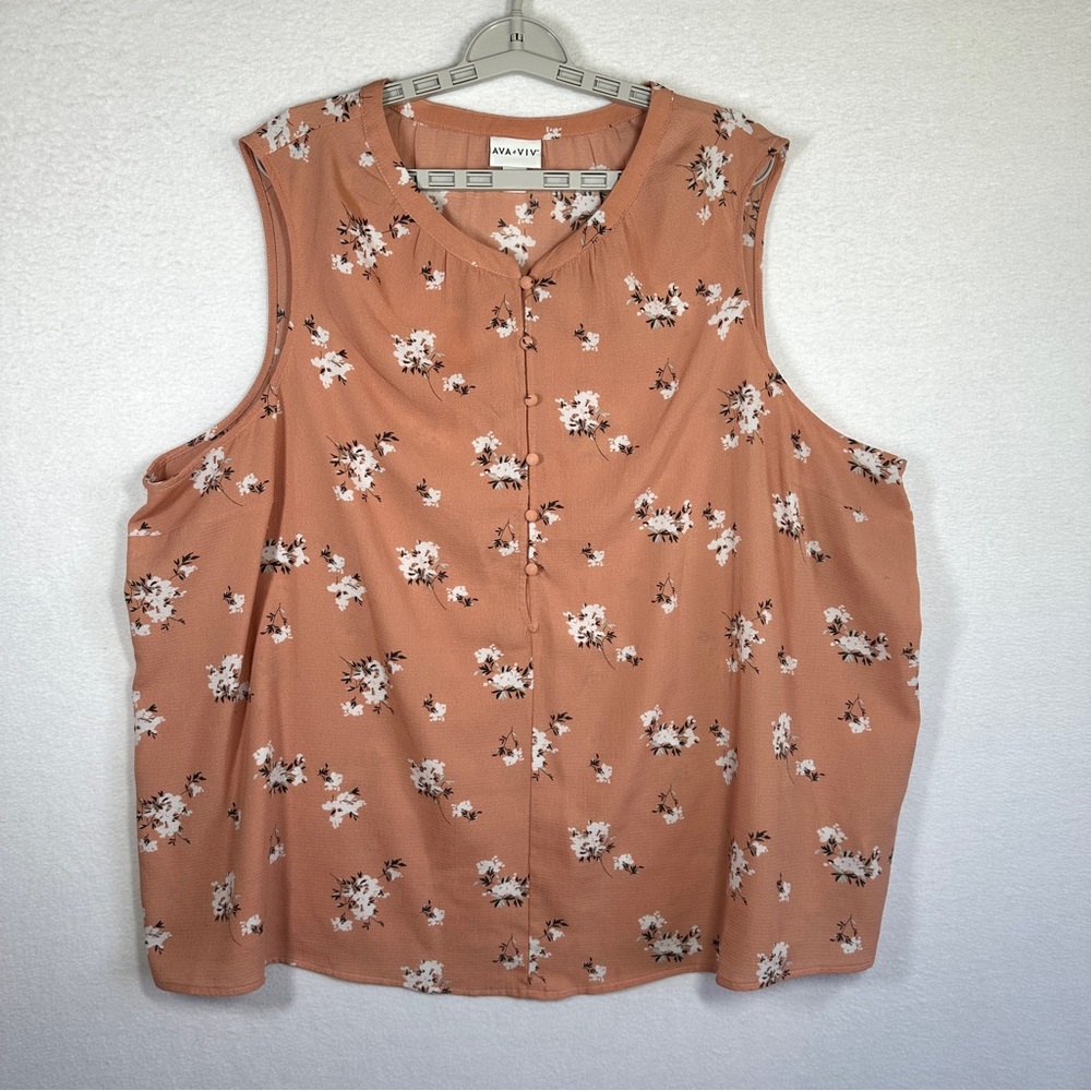 Ava & Viv Sleeveless Top 3X Tan Peach Flowers Floral Print Lightweight Buttons